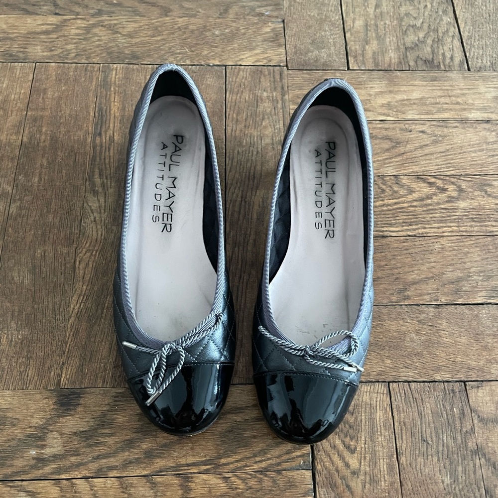 Paul Mayer metal grey ballet shoes with kitten heels.
